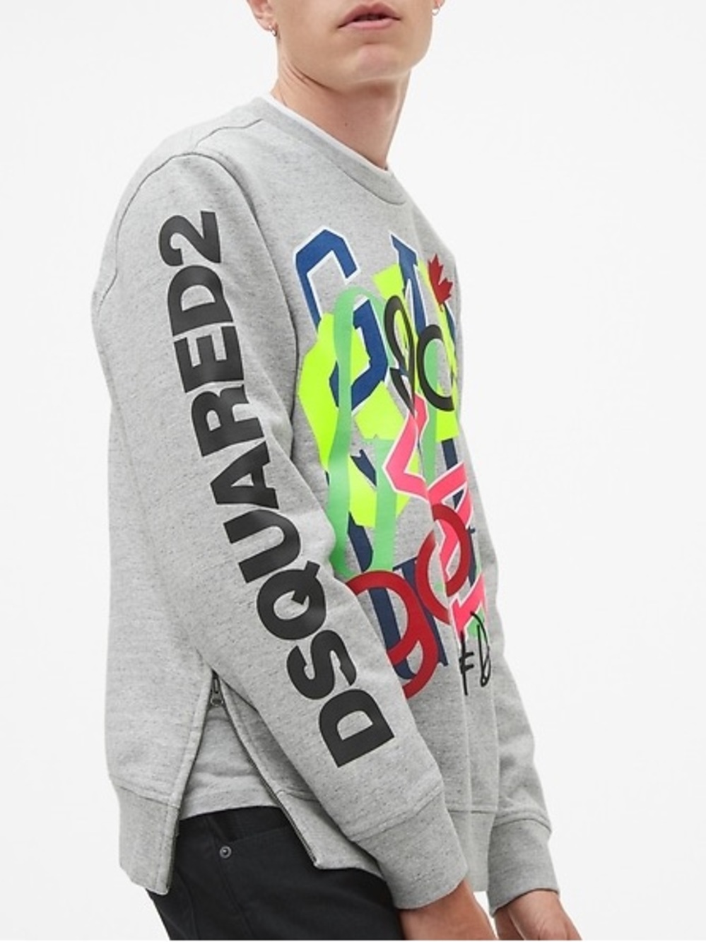 DSQUARED2 Gray Crewneck Sweatshirt Zip Sides Colorful Neon Graphic Canada